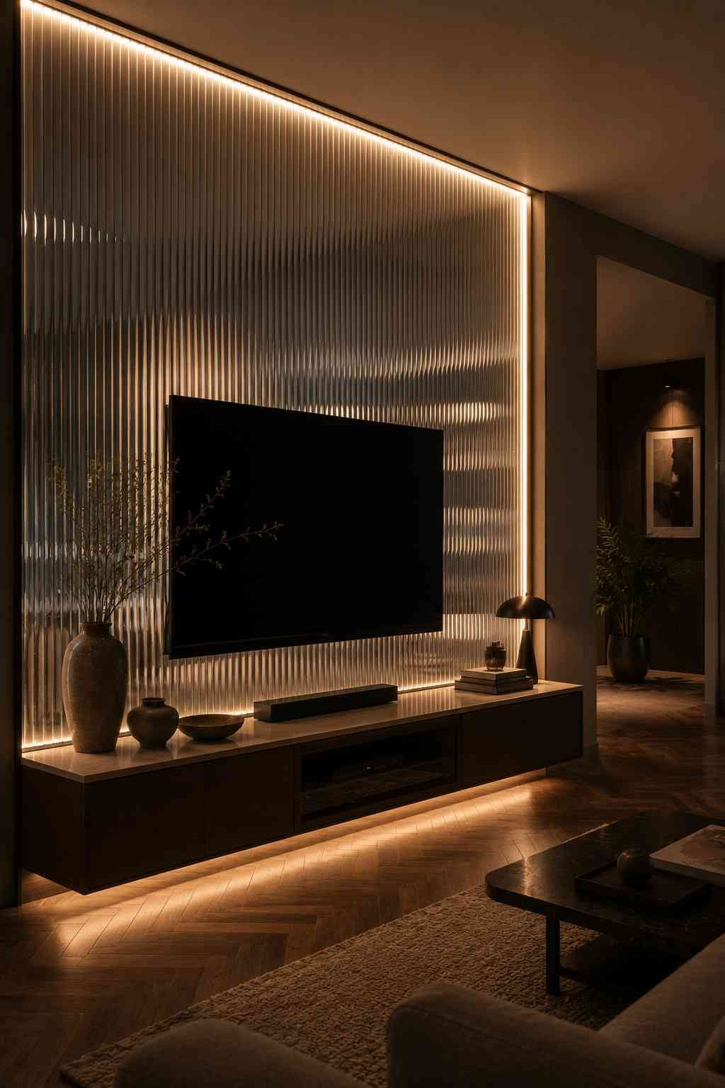 Reeded glass TV feature wall with warm LED lighting in a modern luxury living room. 