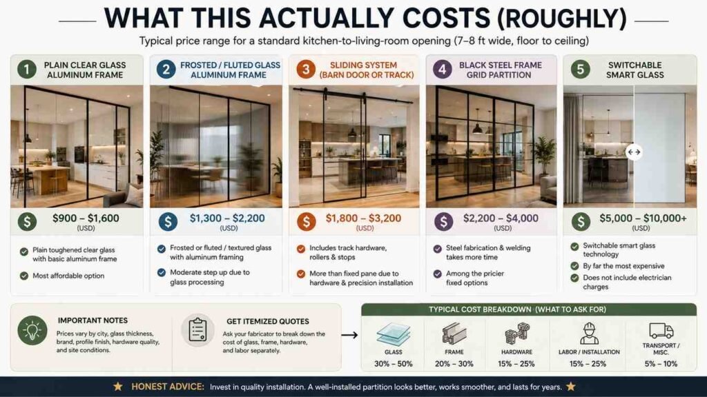 infographic comparing the approximate costs of different kitchen and living room glass partition options, including clear glass, frosted or fluted glass, sliding systems, black steel grid partitions, and switchable smart glass, with advice on requesting itemized quotes for glass, frames, hardware, and installation.