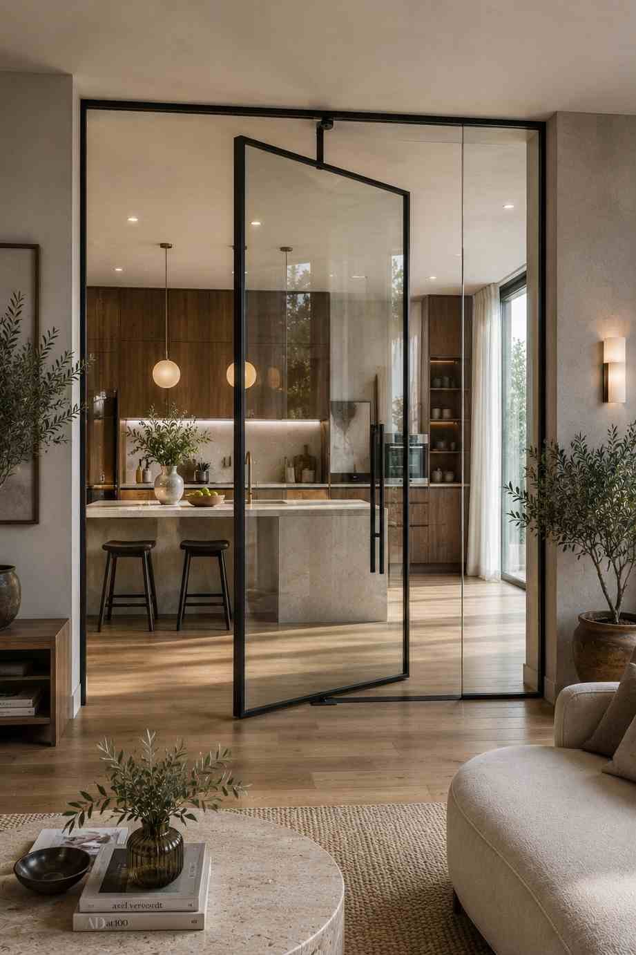A luxury open-plan home featuring a floor-to-ceiling glass partition with a large pivot-hinged glass door between the kitchen and living room. The oversized clear glass door rotates on a central pivot, creating a striking architectural entrance while maintaining an open, light-filled contemporary interior.