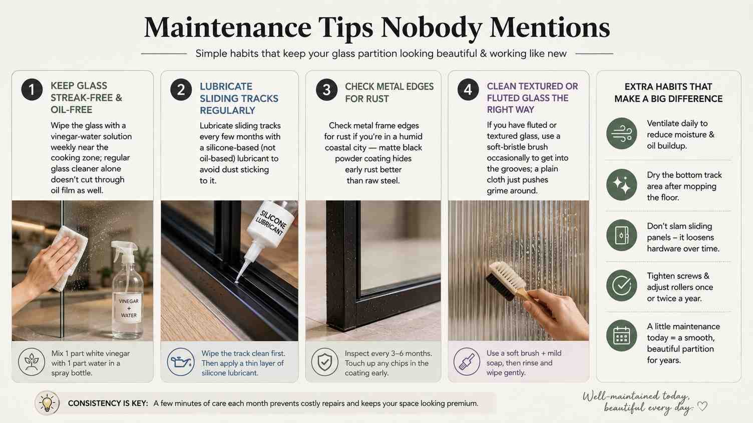 A 16:9 infographic highlighting essential maintenance tips for kitchen glass partitions, including cleaning glass with a vinegar-water solution, lubricating sliding tracks, checking metal frames for rust, brushing textured glass, and simple habits to keep partitions looking clean and functioning smoothly.