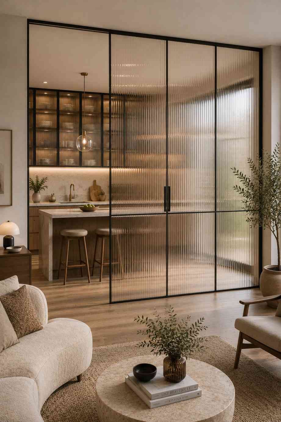 A contemporary open-plan kitchen and living room featuring a floor-to-ceiling glass partition that matches the fluted glass finish of the upper kitchen cabinet shutters. The coordinated design creates a cohesive, elegant look while allowing natural light to flow between the two spaces.