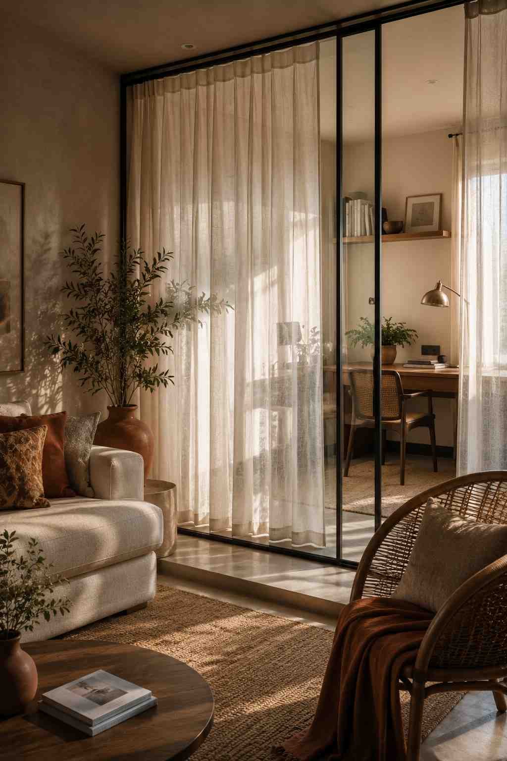 Black framed glass home office partition with sheer curtains in a warm contemporary living room.