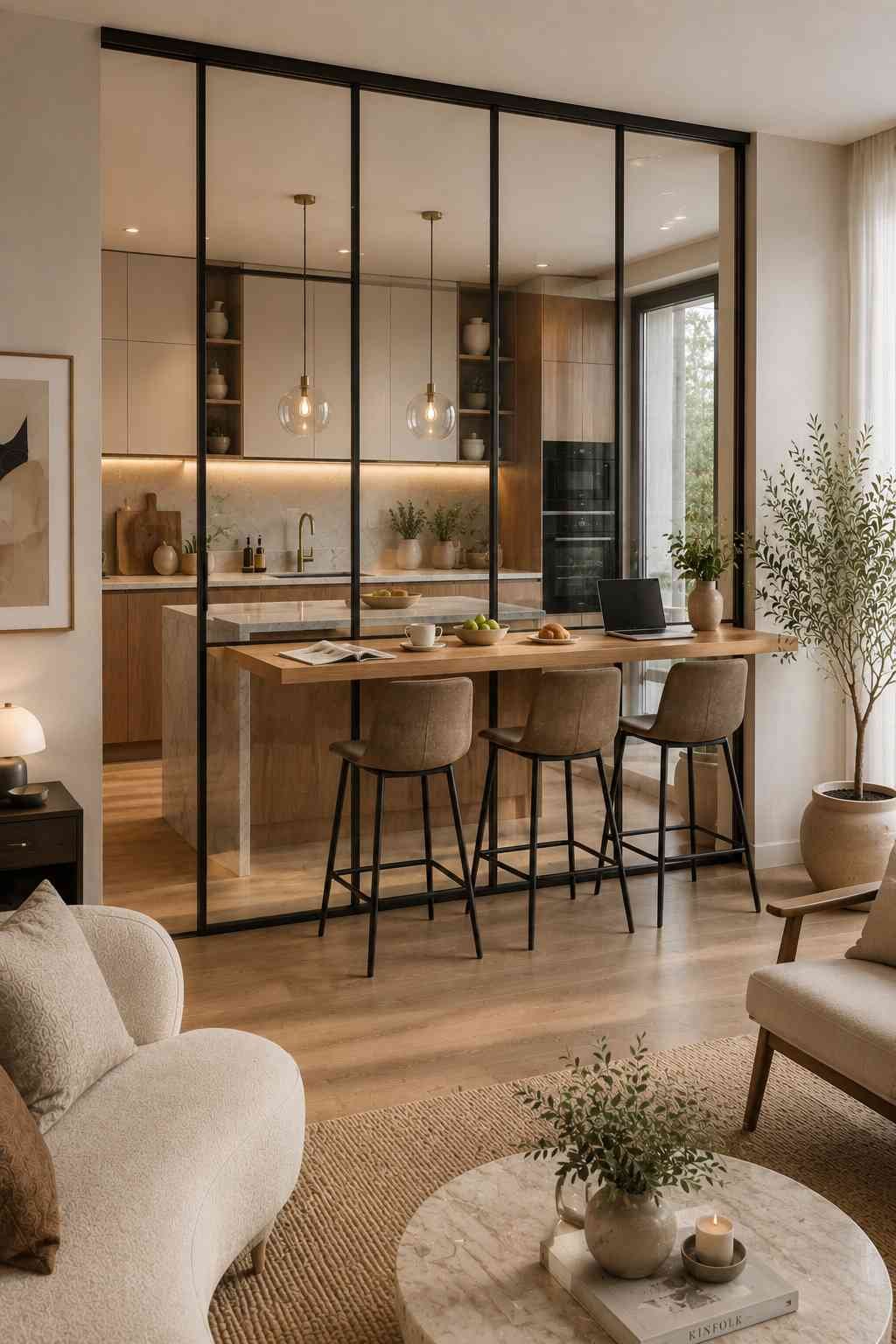 A modern open-plan kitchen and living room featuring a floor-to-ceiling glass partition with an integrated bar-height counter extension. The multifunctional divider provides casual seating for breakfast or coffee while maintaining an open, light-filled layout with a sleek contemporary design.