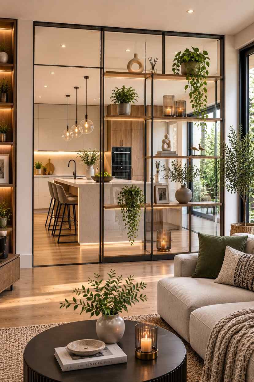 A modern glass partition with built-in wooden shelves separates the kitchen from the living room. The open shelves display small plants, candles, and decorative pieces, creating a stylish focal point while keeping both spaces bright, connected, and filled with natural light.