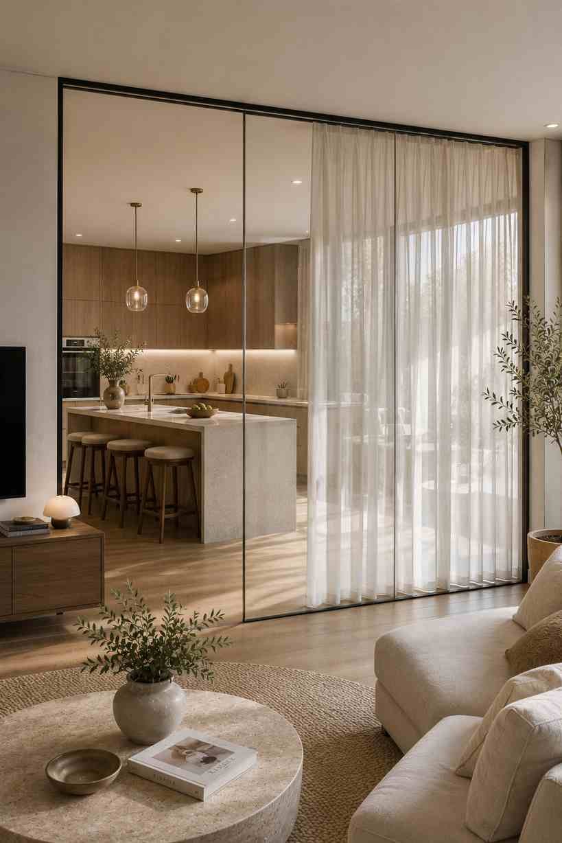 A modern open-plan home featuring a floor-to-ceiling clear glass partition with sheer white curtain backing between the kitchen and living room. The lightweight curtains provide adjustable privacy while allowing natural light to filter through, creating a bright, elegant, and budget-friendly room divider.