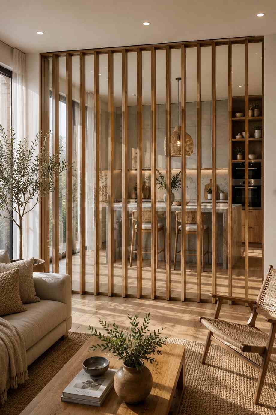 A warm contemporary home featuring a floor-to-ceiling glass partition with vertical wooden slats between the kitchen and living room. The natural oak slats provide partial privacy while allowing light to flow freely, complementing the wood flooring, cane furniture, and organic modern interior design.