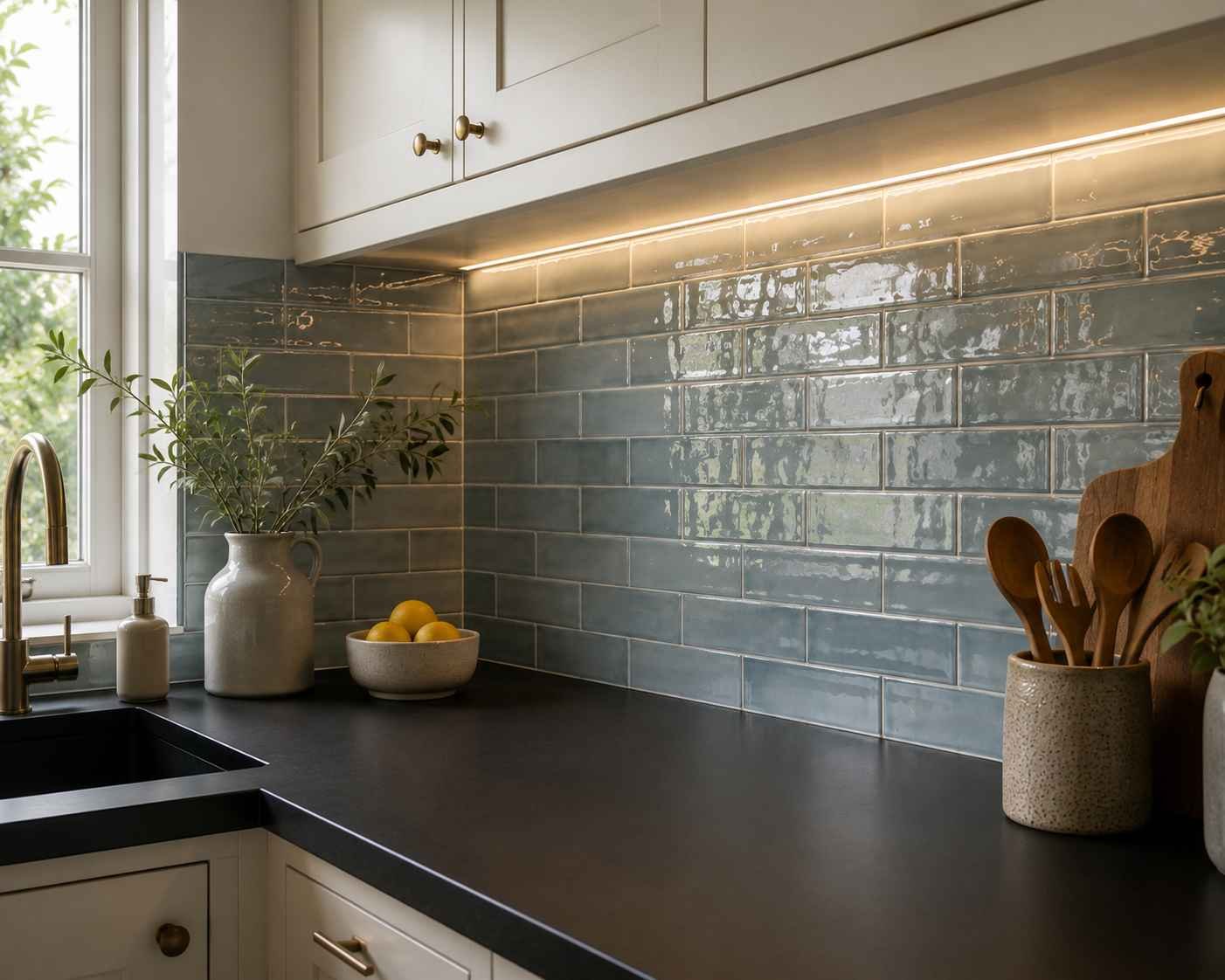 Modern kitchen featuring a glossy blue-grey glass subway tile backsplash, matte black countertop, warm under-cabinet LED lighting, white cabinetry, and natural daylight creating a bright, jewel-like reflective finish.