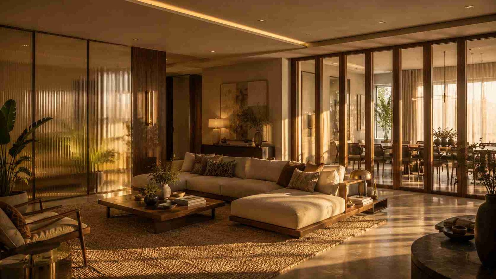 Modern fluted glass and wood room divider separating a spacious living room and dining area with warm natural sunlight and contemporary interior design.