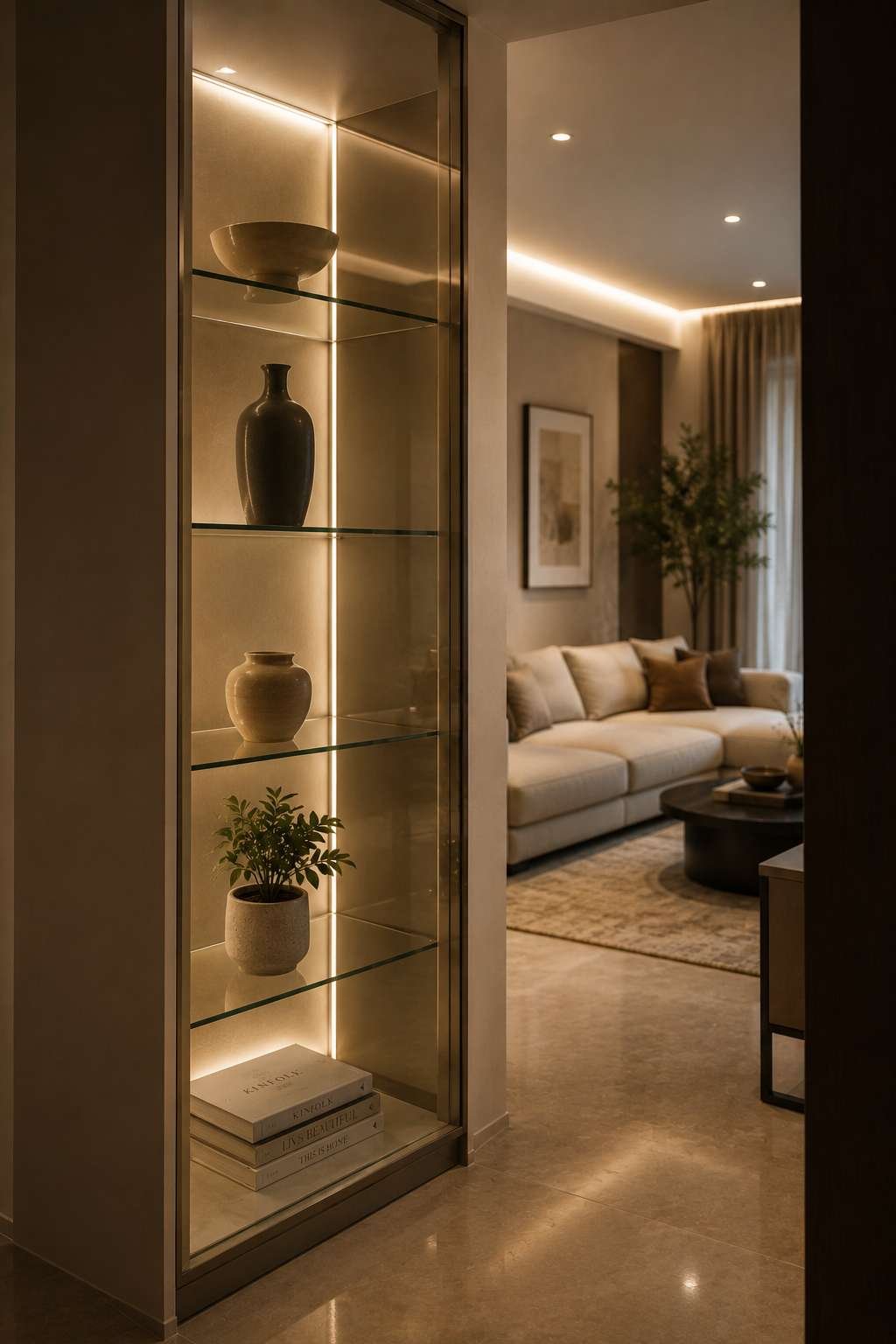Built-in illuminated glass display cabinet with decorative shelves in a contemporary hallway.