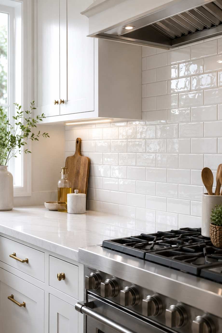 Modern white kitchen with a glossy white subway tile backsplash, white shaker cabinets, white quartz countertops, under-cabinet lighting, brass hardware, and a stainless steel range, showcasing how reflective tile enhances brightness and creates a clean, timeless look.