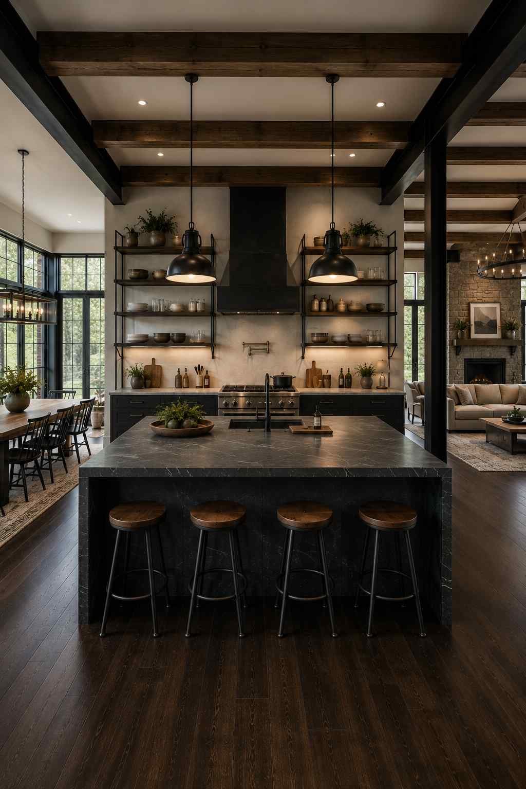 Luxury open-concept great room kitchen featuring a large soapstone waterfall island, exposed black steel open shelving, dark wood flooring extending into the dining and living areas, industrial pendant lighting, black cabinetry, exposed wood beams, and soaring ceilings for a modern industrial kitchen design.