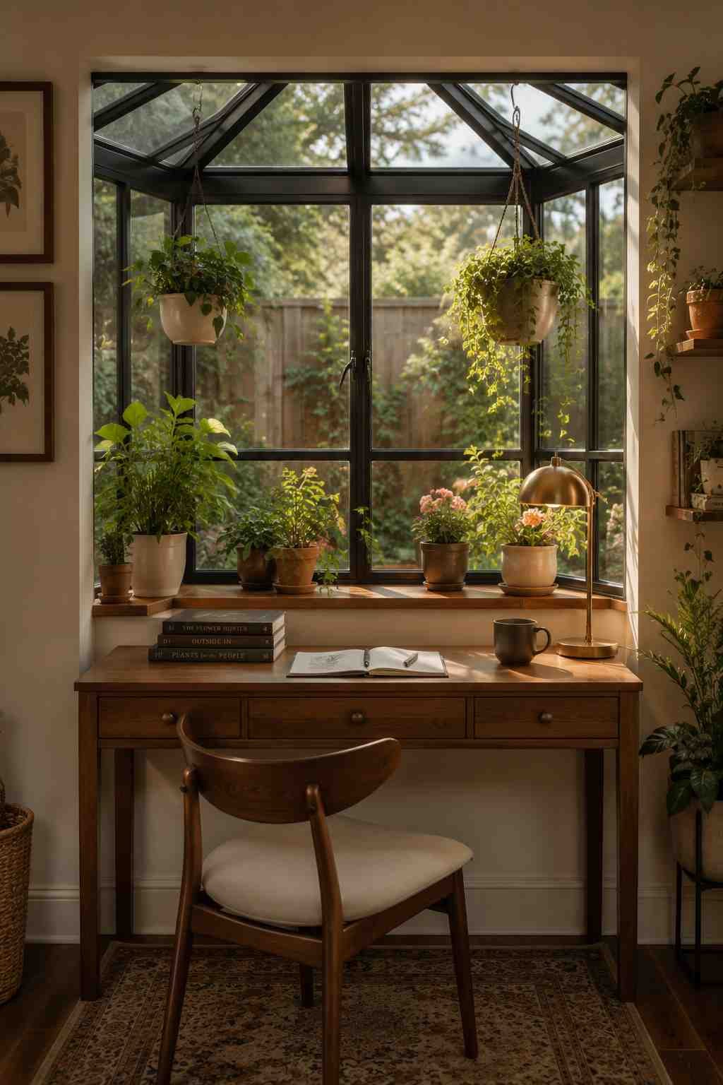 Desk positioned under a small greenhouse-style garden window with potted plants, wood surface, books, and a ceramic mug.