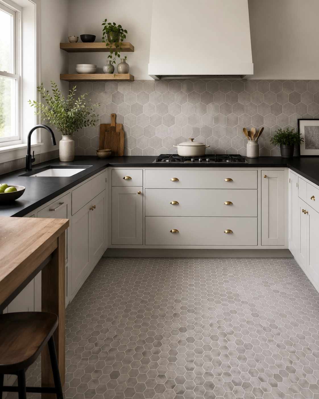 Bright modern kitchen featuring a soft grey hexagon tile backsplash, matching grey hexagon floor tiles, matte black countertop, white shaker cabinets, and natural daylight creating a calm, cohesive contemporary design.