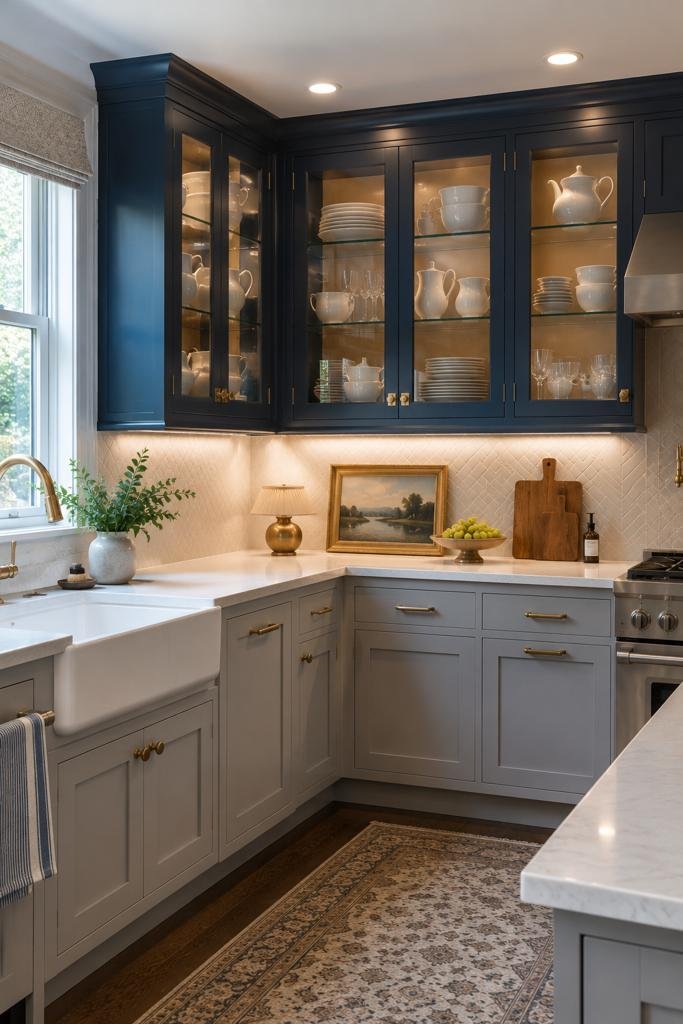 Photorealistic transitional kitchen featuring soft grey lower cabinets, deep blue glass-front upper cabinets displaying white ceramic dishware, white quartz countertops, brushed brass hardware, warm interior cabinet lighting, and natural daylight creating realistic reflections on the glass doors.