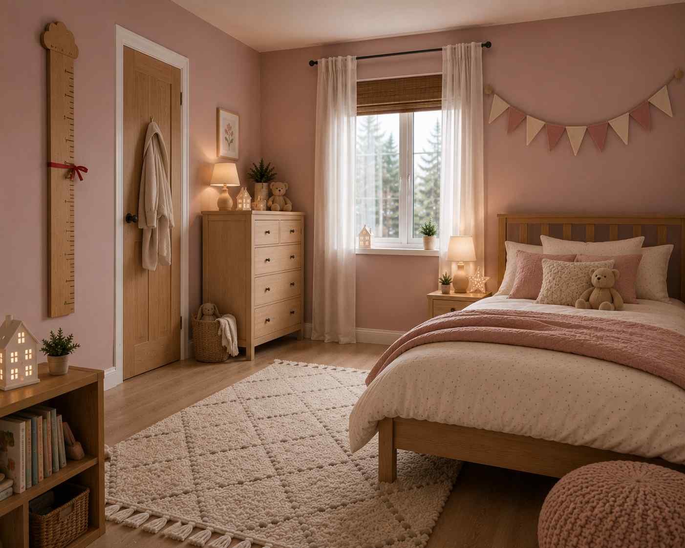 Blush pink children's bedroom with wooden furniture, cozy bedding, and simple Scandinavian-inspired holiday decor