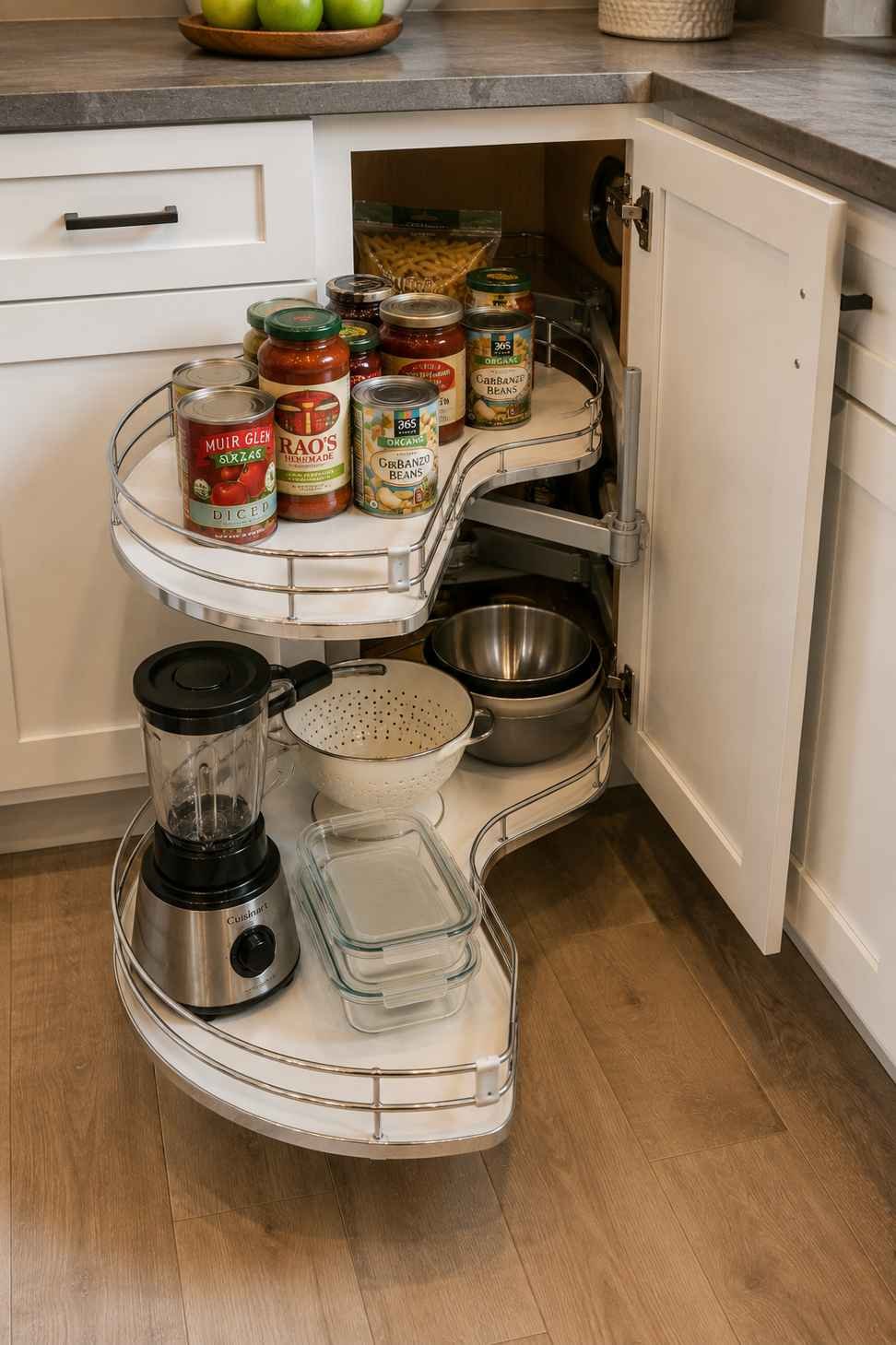 Open corner kitchen cabinet with a half moon swing out shelf system, featuring curved pull-out trays, organized pantry items, white shaker cabinets, and an easy-access corner storage solution.