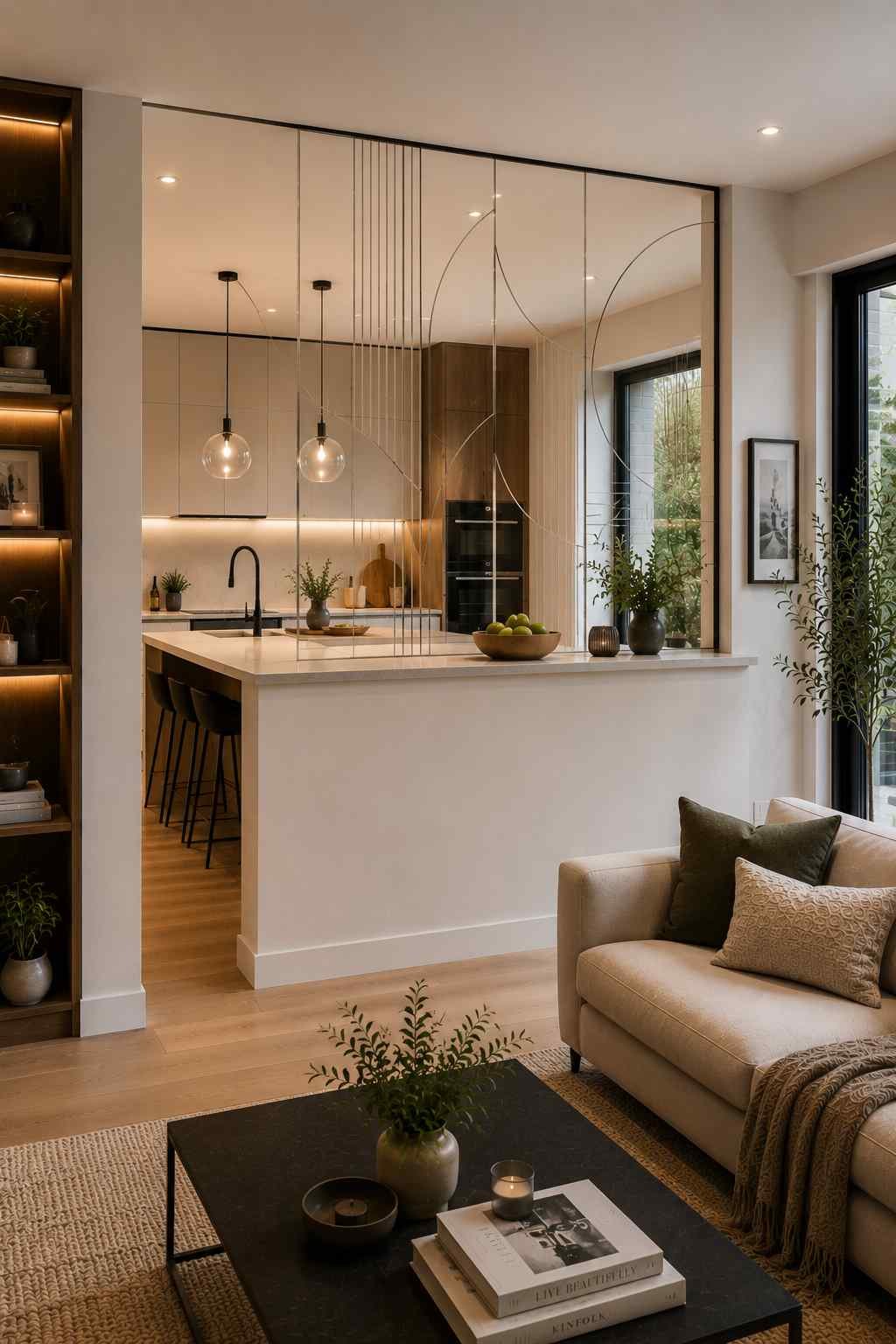 A modern kitchen and living room separated by a half-wall topped with decorative clear glass panels. The etched glass design adds a stylish focal point while allowing natural light to flow freely, and the built-in ledge doubles as a serving counter and display space for décor and fruit bowls.