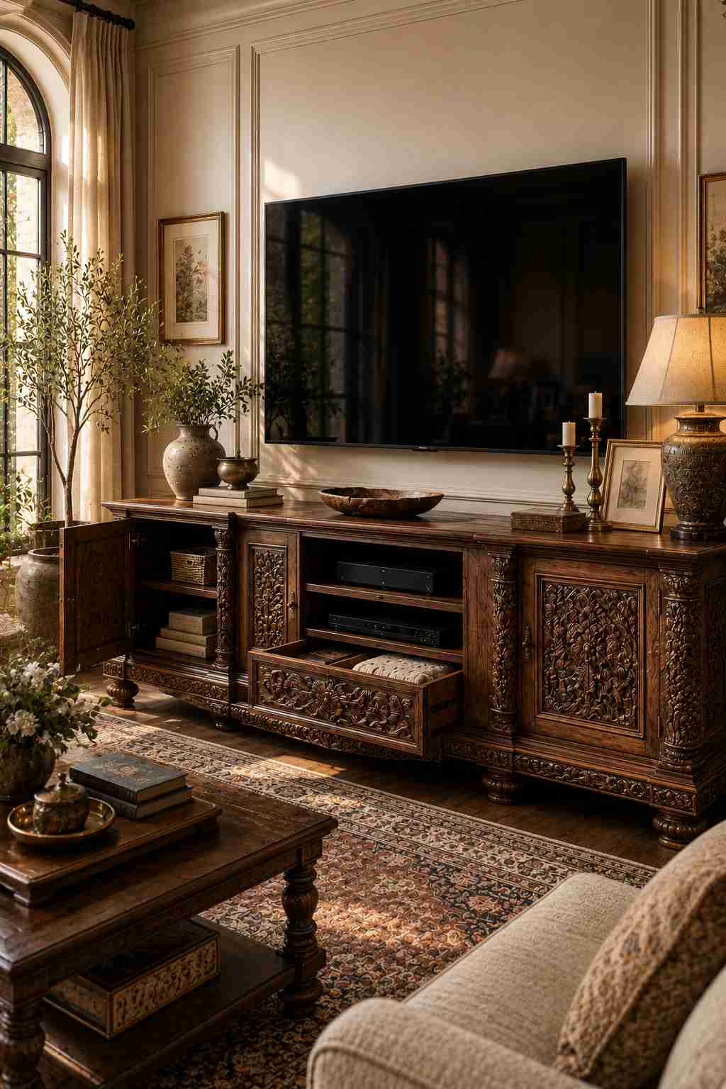 A traditional living room featuring a handcrafted wooden TV unit with intricate carved details on the doors, legs, and edges. The open cabinet and drawer reveal neatly organized storage with books, baskets, blankets, and media devices, while warm natural sunlight highlights the rich wood grain and artisan craftsmanship.