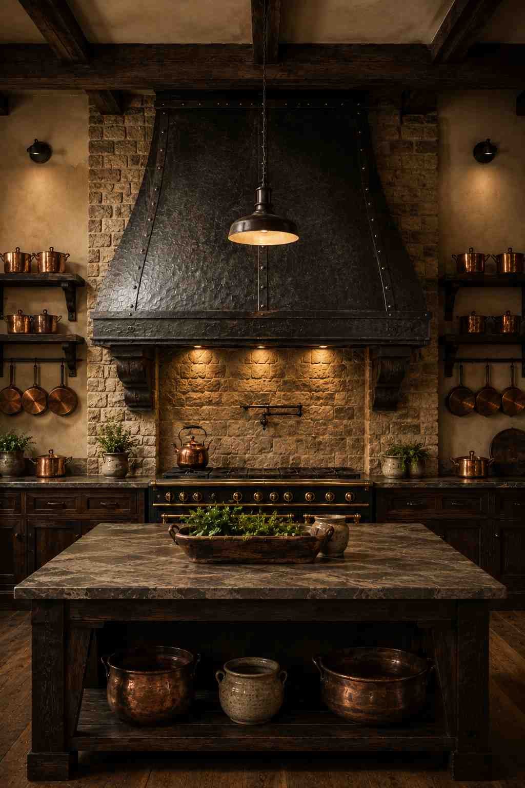 A grand hand-forged iron range hood with a hammered finish and subtle rivets anchors a stone-clad cooking alcove in a highland kitchen. A cast iron range, open shelves lined with copper pans, and a warm pendant light create a dramatic rustic-luxury focal point with rich textures and moody lighting.