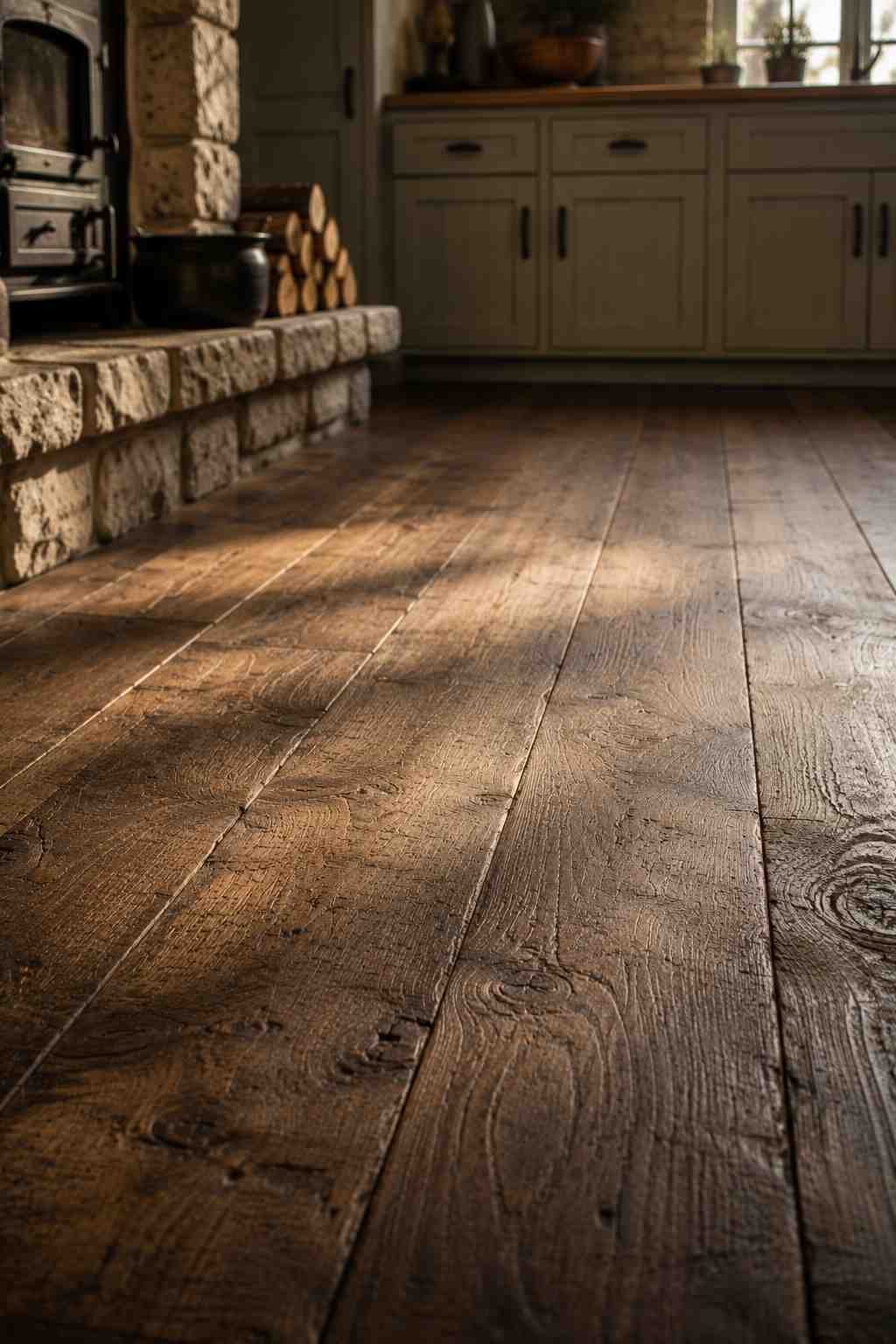 A low-angle view of wide, hand-scraped wood floor planks stretches through a highland kitchen, highlighting the natural grain, knots, and gently worn texture. Warm late-day sunlight casts long shadows across the matte finish, while pale cabinetry and a stone hearth softly blur into the background.