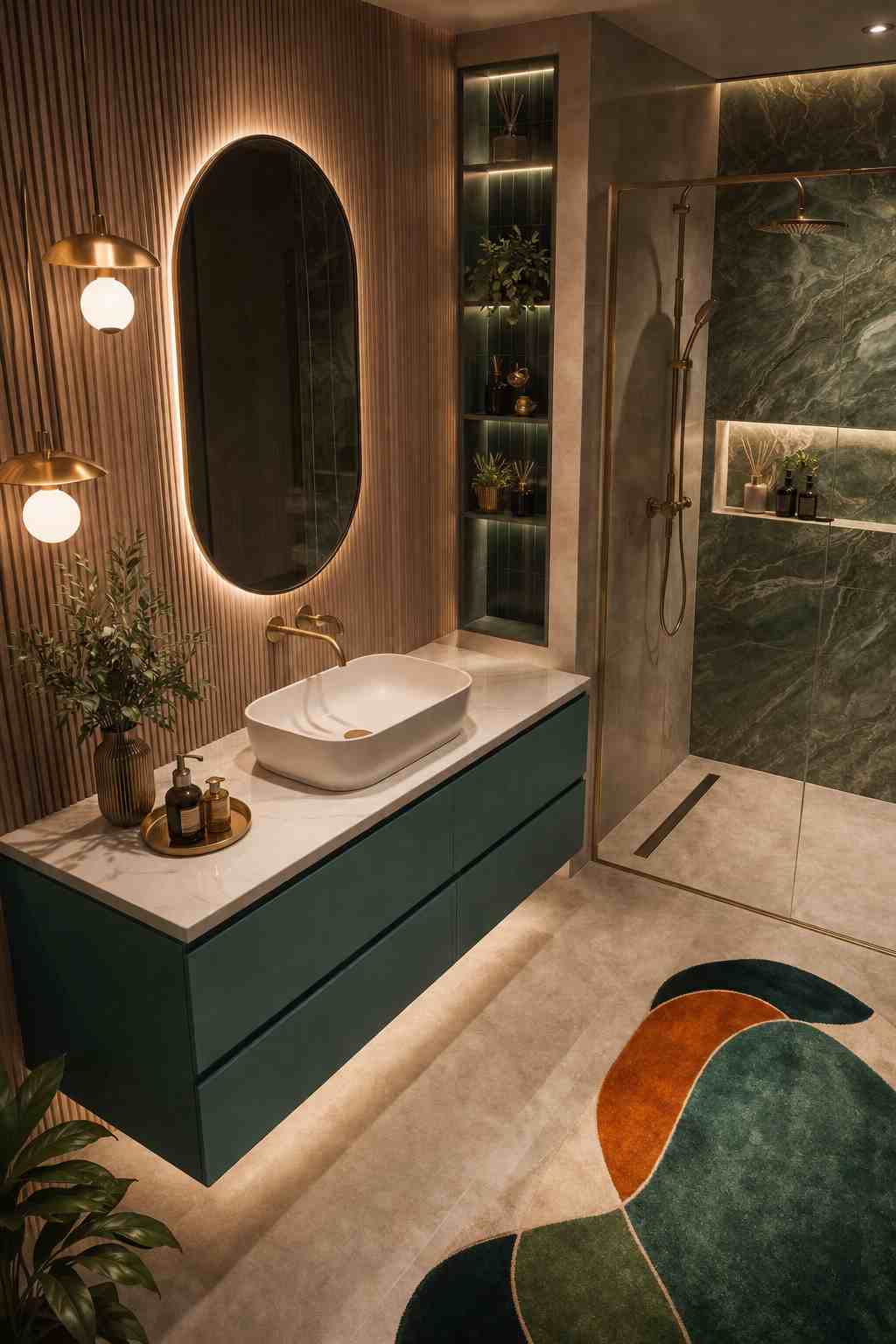 Modern luxury bathroom featuring a floating teal vanity with a white vessel sink, a large backlit oval mirror, warm brass fixtures and pendant lights, vertical wood slat wall panels, a glass walk-in shower with green marble-effect tiles, built-in illuminated shelving, and a colorful abstract area rug creating a stylish spa-like ambiance.
