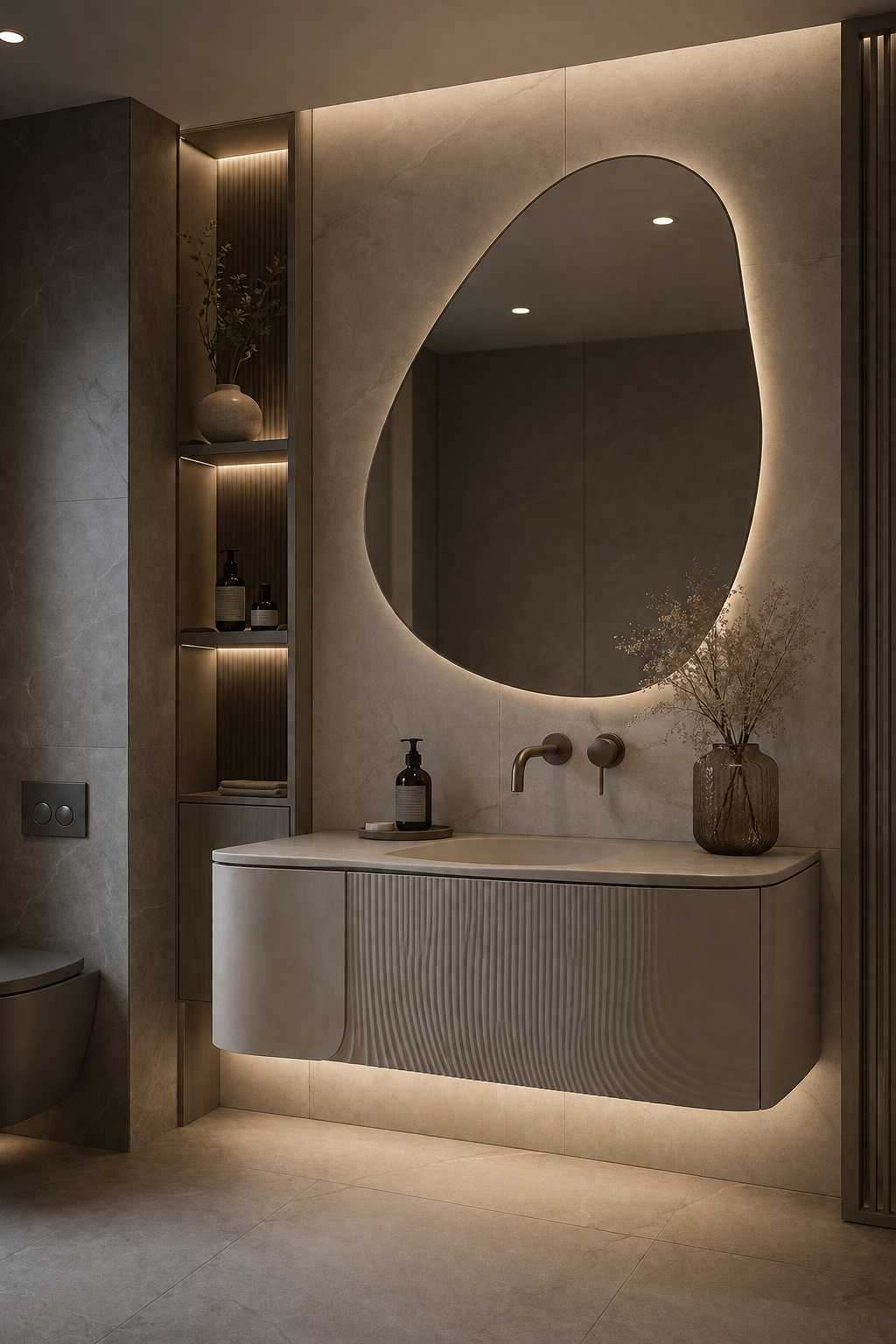 Luxury modern floating bathroom vanity with a curved fluted cabinet, asymmetrical LED backlit mirror, built-in storage niche, warm ambient lighting, and minimalist stone finishes for a small contemporary bathroom.