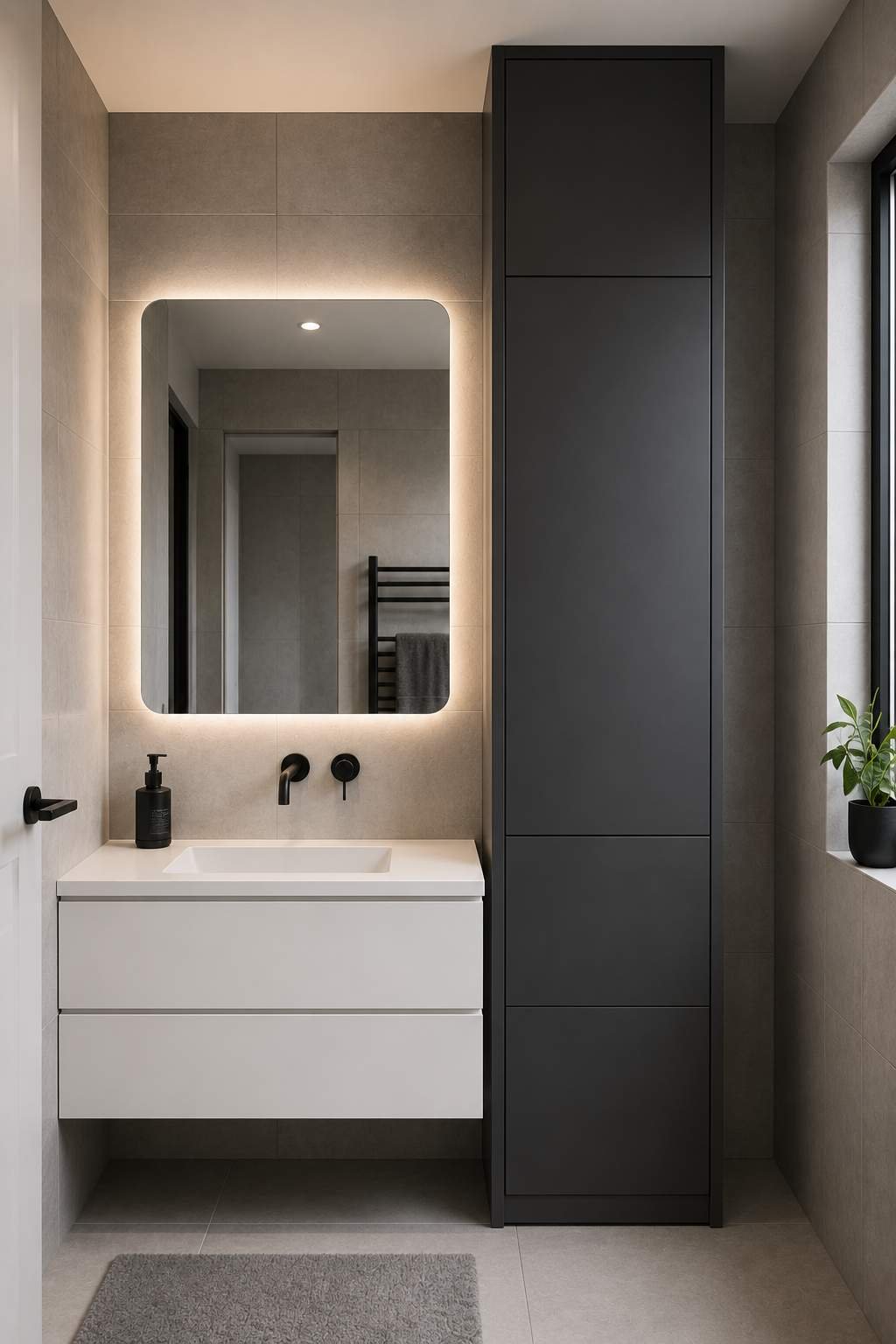 Modern floor-to-ceiling bathroom storage cabinet in matte black finish