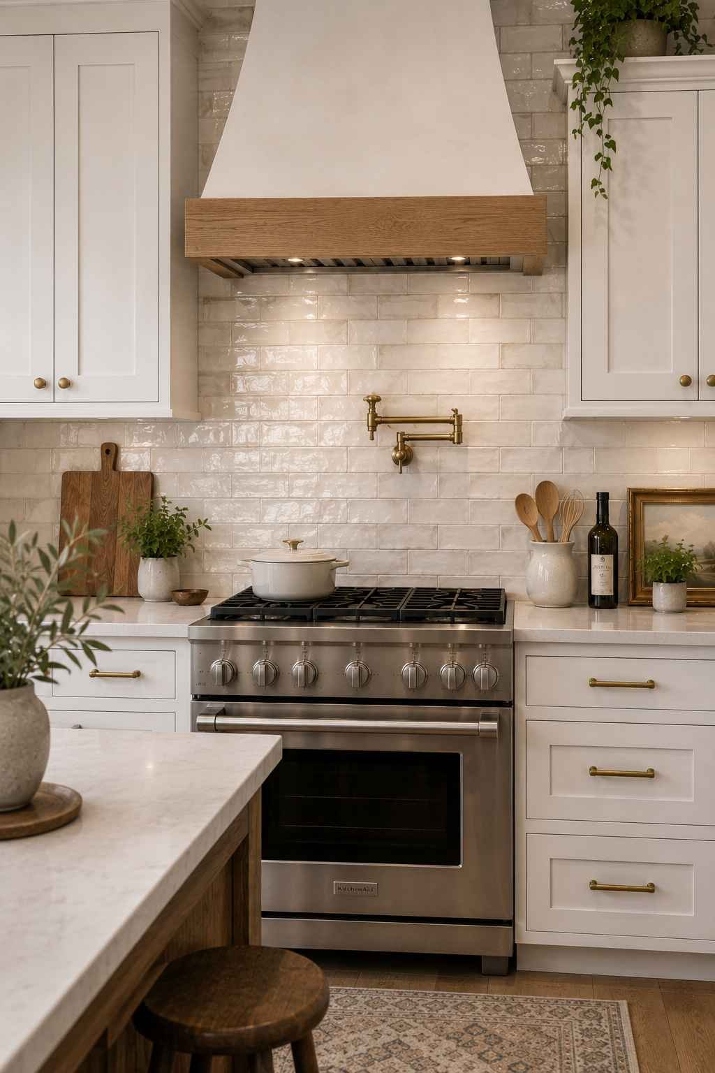 Warm modern farmhouse kitchen featuring a handmade-look white subway tile backsplash with subtle surface variations and uneven edges, paired with white shaker cabinets, white quartz countertops, brass hardware, a custom range hood, and a stainless steel range for a timeless, handcrafted feel.