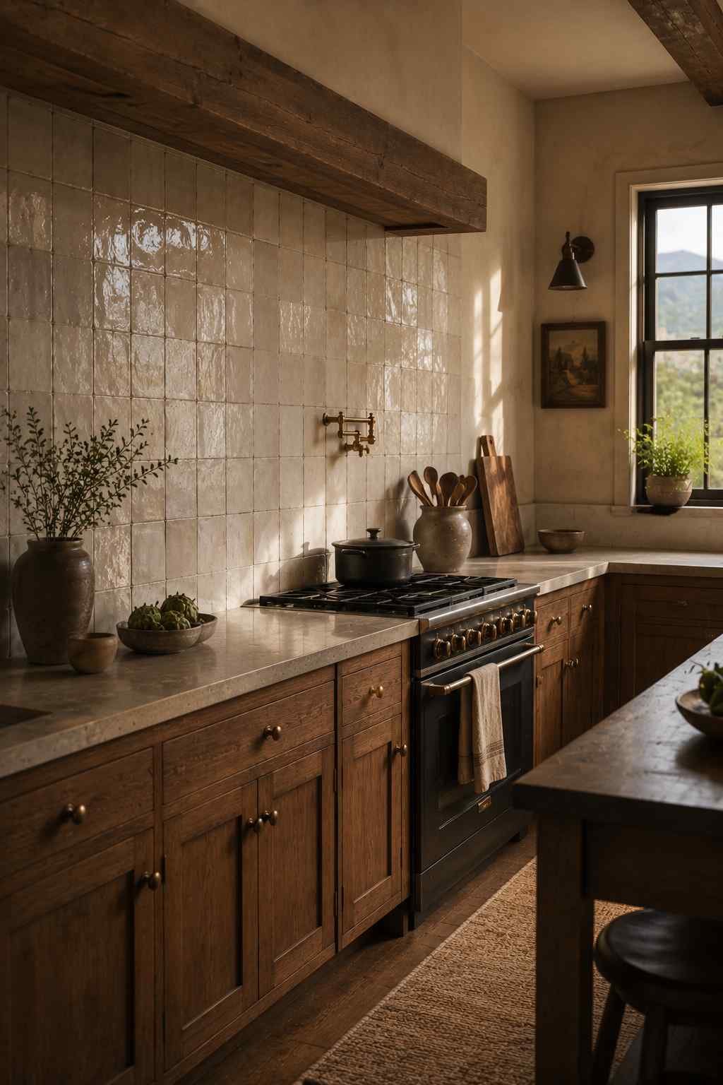 A handcrafted zellige-style tile backsplash in soft clay-white tones adds texture and character to a highland kitchen. Subtle variations in the glazed tiles catch the natural light above warm wood cabinetry and a honed stone countertop, creating a timeless, artisan-inspired focal point.