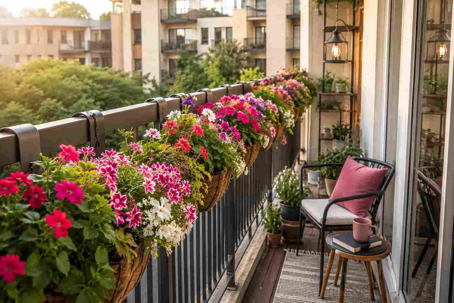 Colorful flower-filled apartment balcony with vibrant railing planters, a cozy chair, small side table, and warm lantern lighting overlooking modern residential buildings at sunset