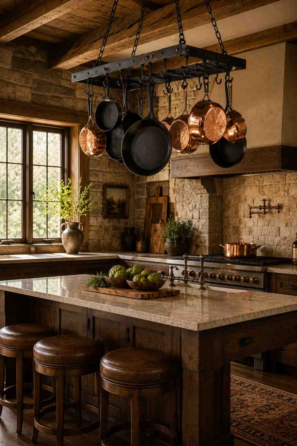 A black iron hanging pot rack suspended above a highland kitchen island displays a mix of matte cast iron skillets and hammered copper pots. Warm natural light highlights the rich contrast between the glowing copper cookware, rustic stone walls, exposed timber beams, and the inviting farmhouse kitchen below.