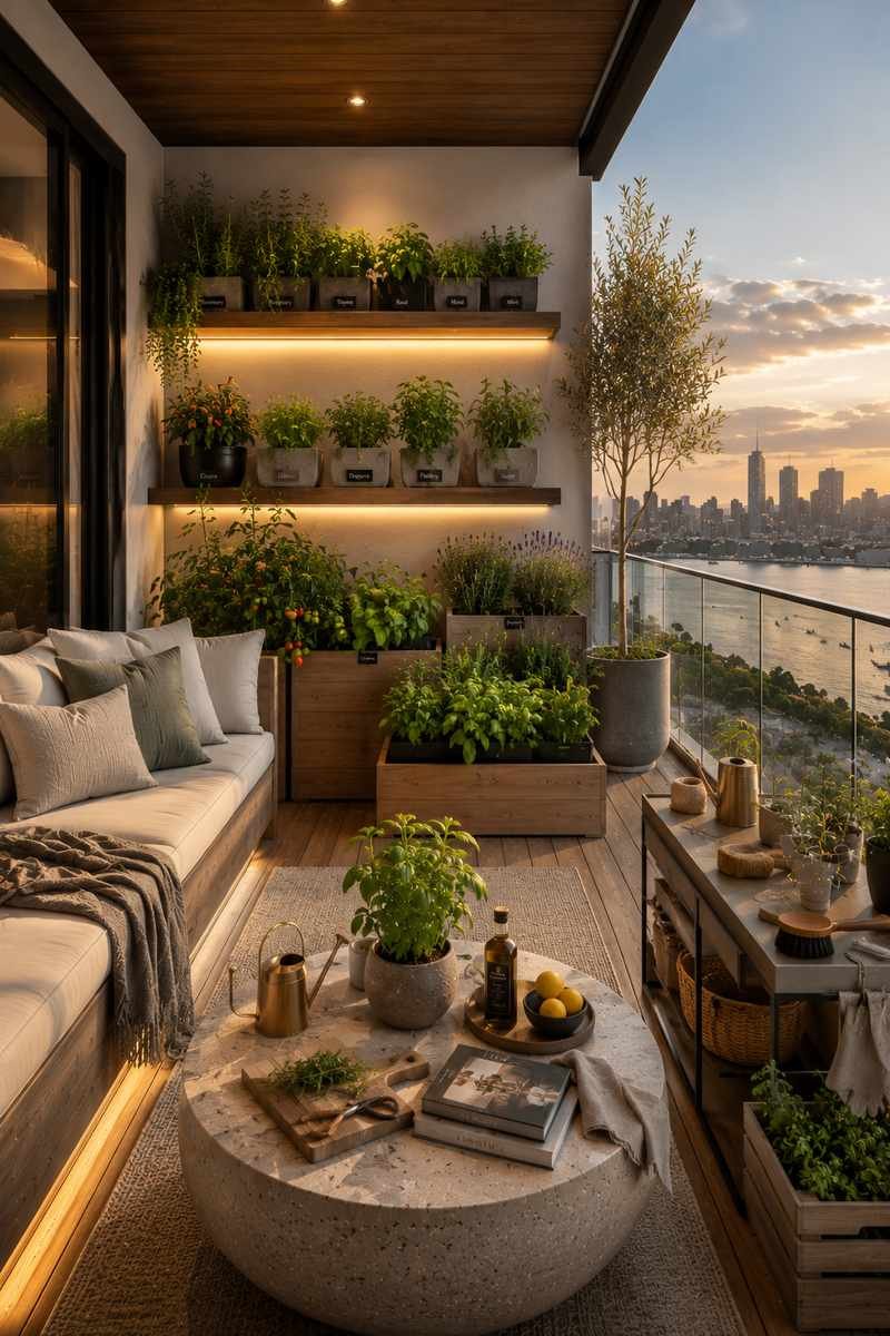 A modern balcony with a cozy seating area, floating herb shelves, raised planter boxes, fresh basil and rosemary, and a beautiful waterfront sunset view, blending style with everyday gardening.