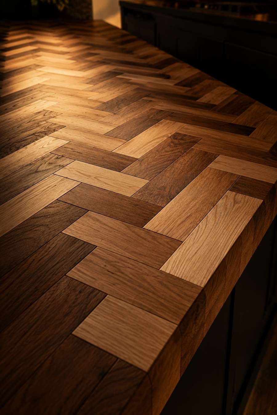 Close-up of a herringbone butcher block kitchen countertop featuring alternating walnut and oak wood strips, precision joinery, rich wood grain, matte finish, and dramatic warm lighting in a luxury modern kitchen.