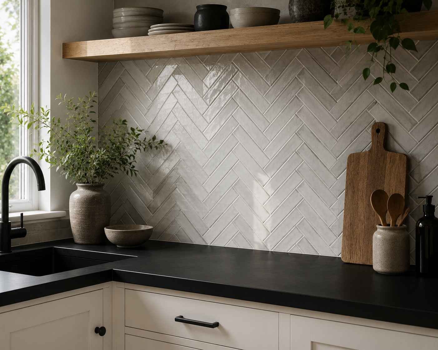 Modern kitchen with a soft grey herringbone tile backsplash, matte black countertop, light neutral cabinets, natural wood shelving, and soft daylight highlighting the textured zigzag tile pattern.