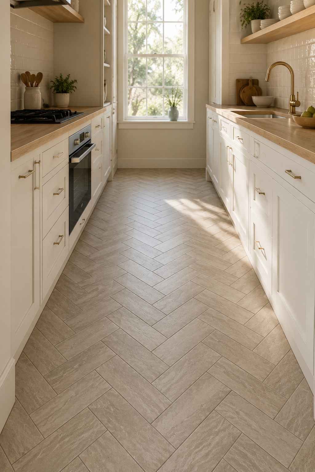 Long, narrow galley kitchen with warm greige herringbone porcelain tile flooring, white shaker cabinets, light oak countertops, brushed brass hardware, and soft natural light streaming through a window at the end.