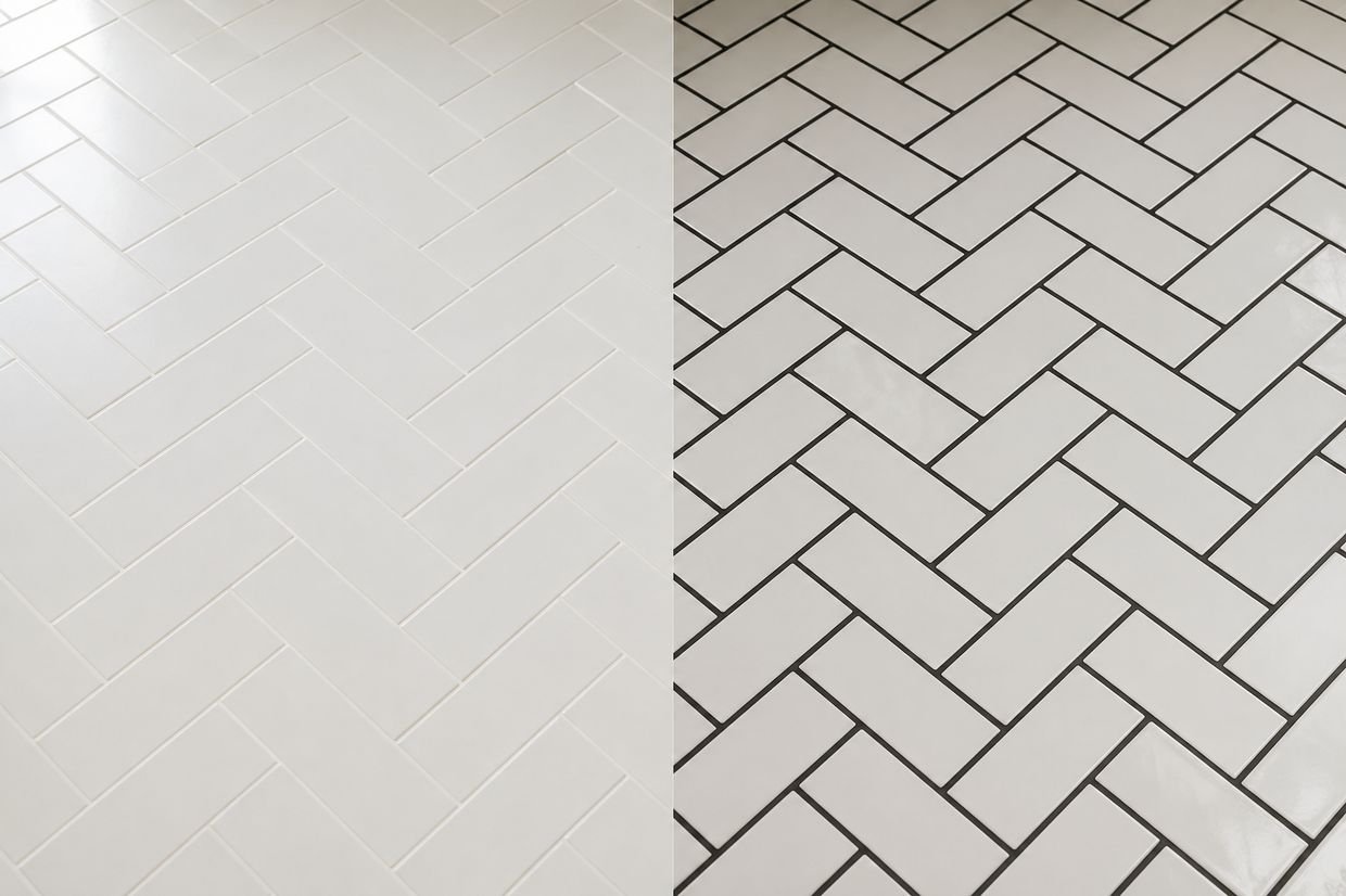 Side-by-side comparison of a white herringbone tile floor using matching white grout on the left and dark charcoal grout on the right. The white grout creates a seamless, subtle look, while the dark grout highlights the zigzag herringbone pattern with bold contrast, shown in a close-up architectural view with realistic tile textures.