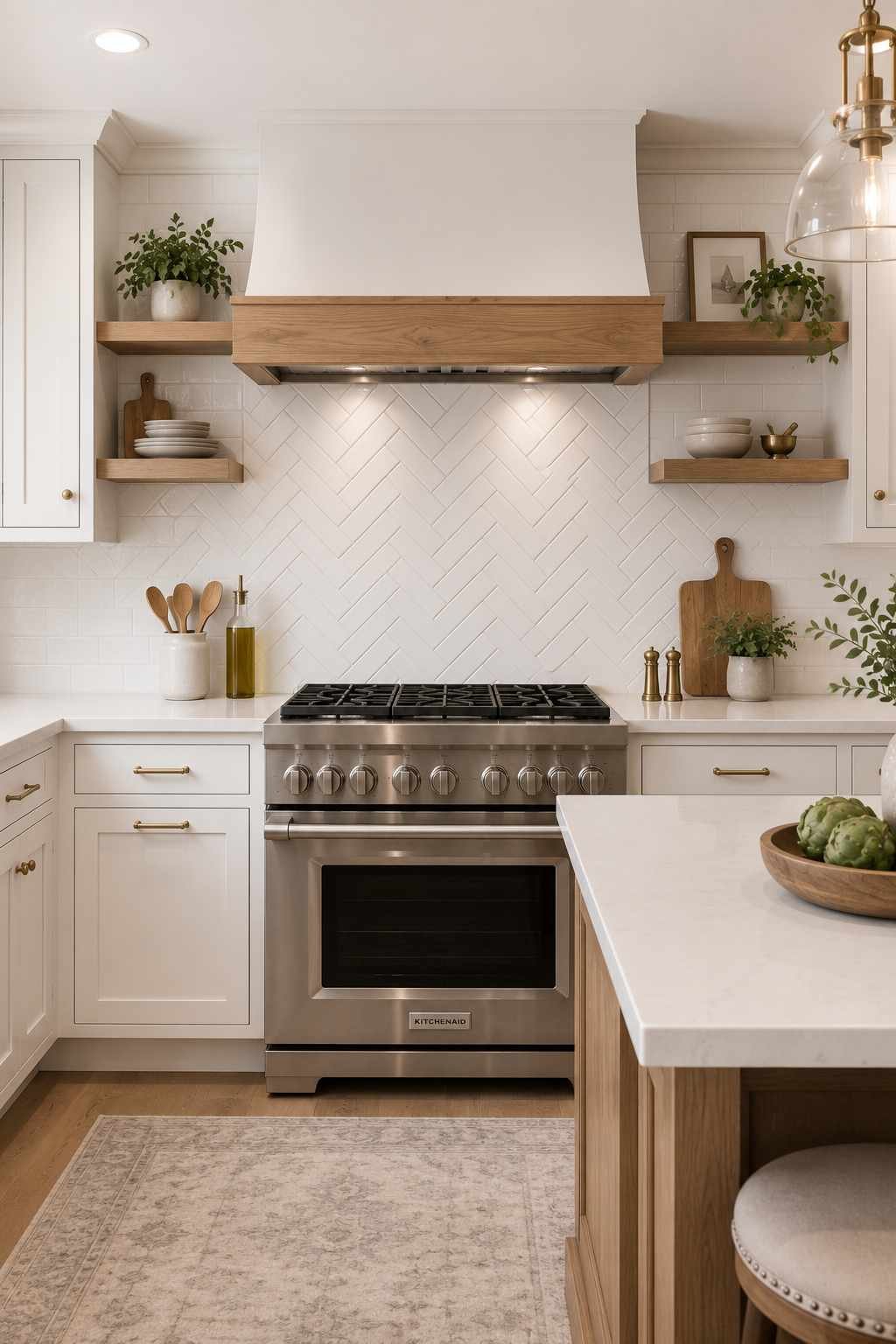 Bright white kitchen featuring a herringbone white subway tile backsplash behind a stainless steel range, paired with white shaker cabinets, white quartz countertops, floating wood shelves, brass hardware, and warm under-cabinet lighting for an elegant focal point.