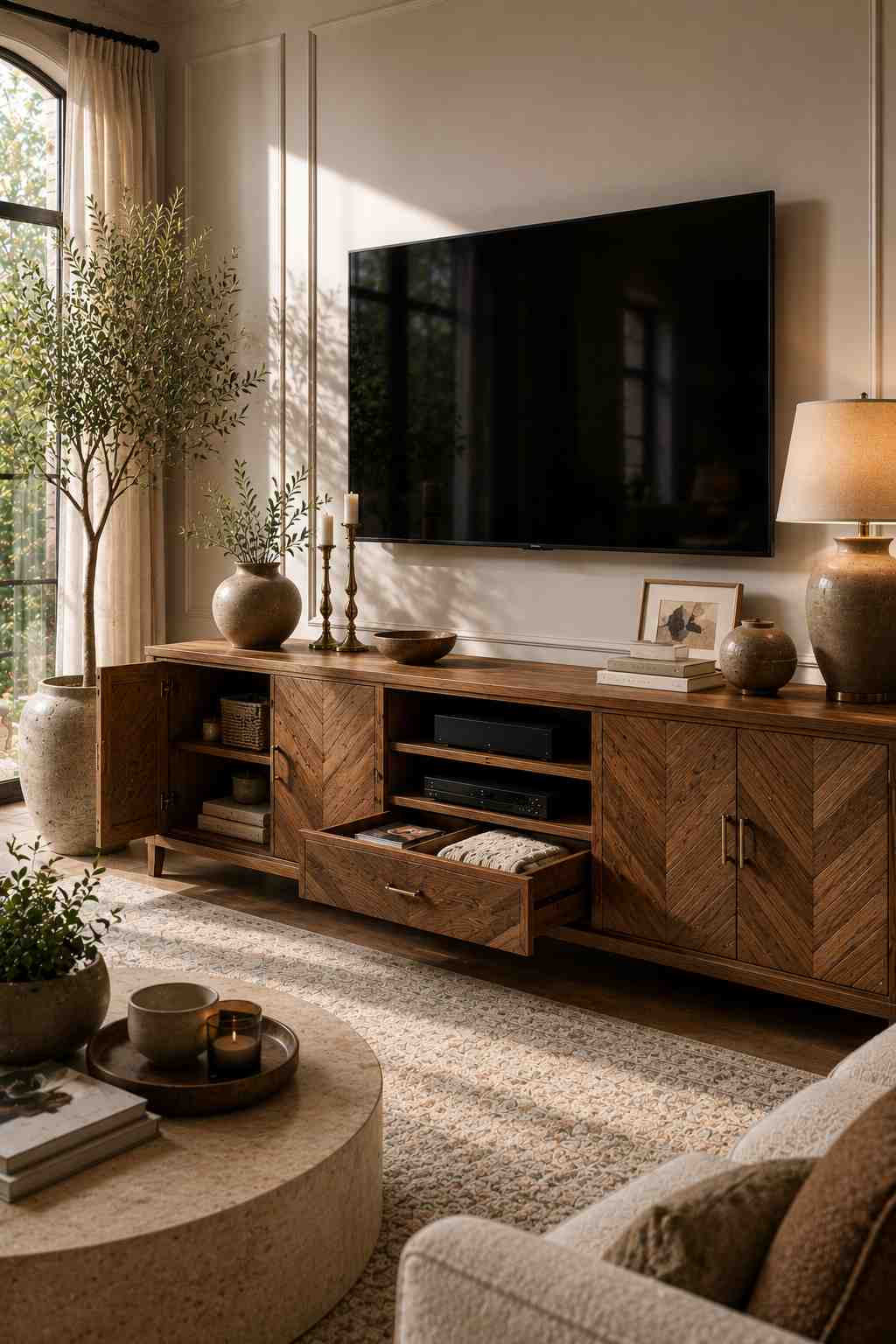 A warm, contemporary living room featuring a walnut herringbone TV unit with brass handles and a striking geometric wood pattern. The open cabinet and drawer reveal neatly organized storage for books, blankets, baskets, and media devices, while natural sunlight highlights the rich wood grain and craftsmanship.