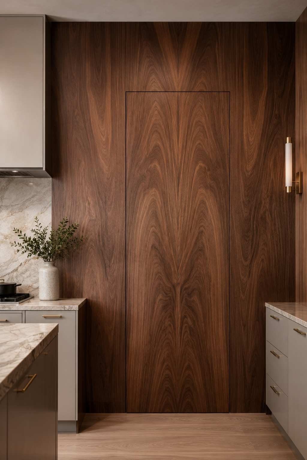Luxury kitchen featuring a concealed pantry door hidden within a bookmatched walnut veneer wall, paired with stone countertops, minimalist cabinetry, and seamless handleless design in a quiet modern interior.