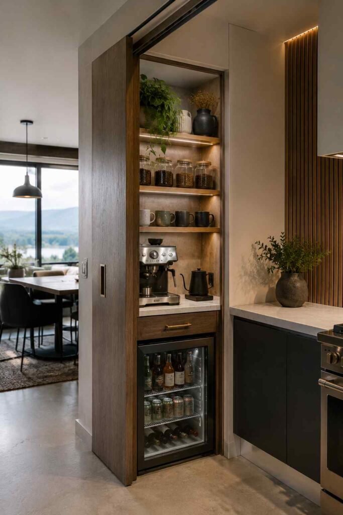 A hidden coffee pantry tucked behind a sliding door with shelves, a coffee maker, and a beverage fridge