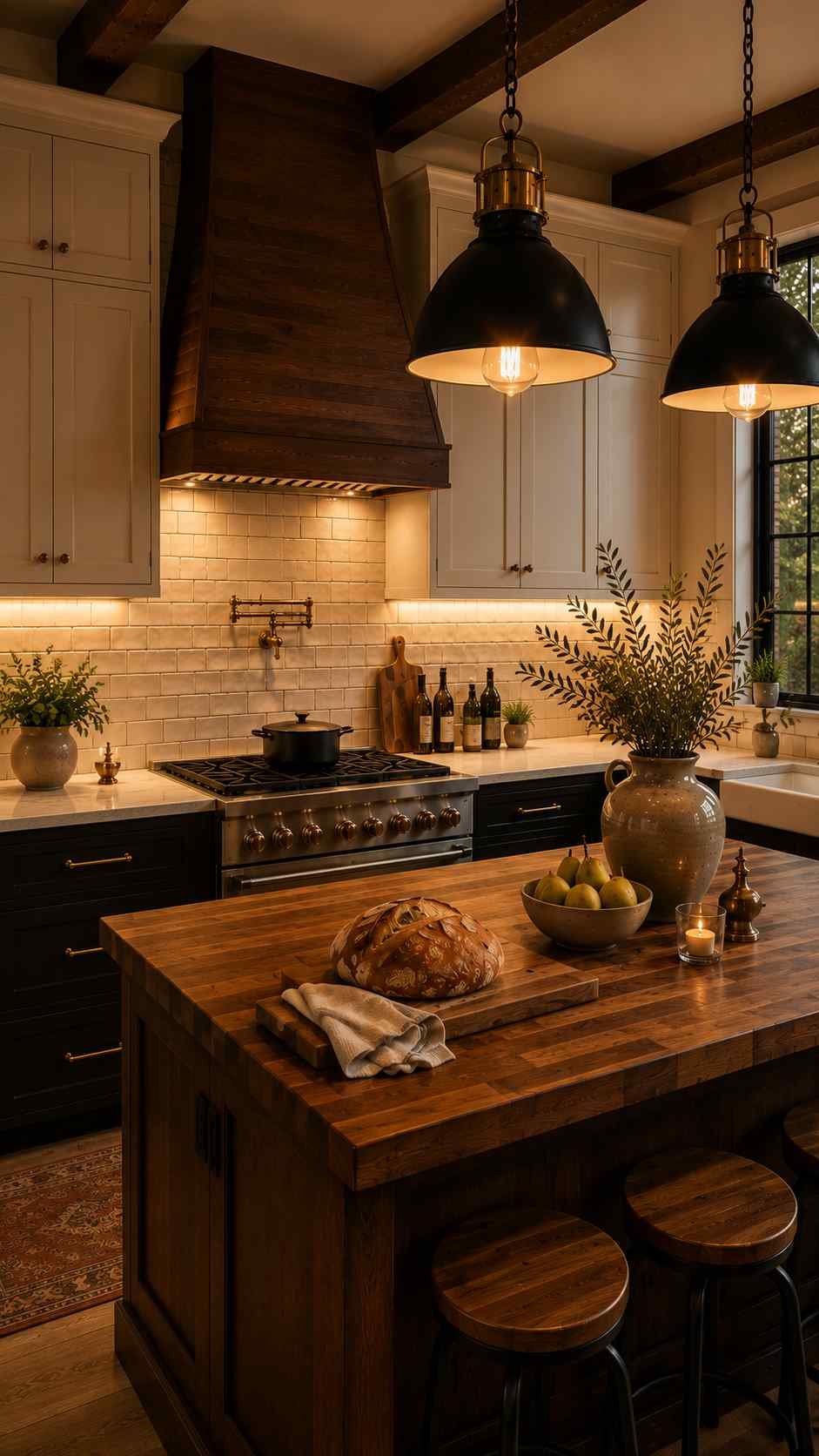 Rustic modern kitchen featuring integrated under-cabinet LED lighting, oversized black pendant lights, handmade subway tile backsplash, black shaker cabinets, exposed timber beams, and a walnut butcher block island glowing with warm ambient light.