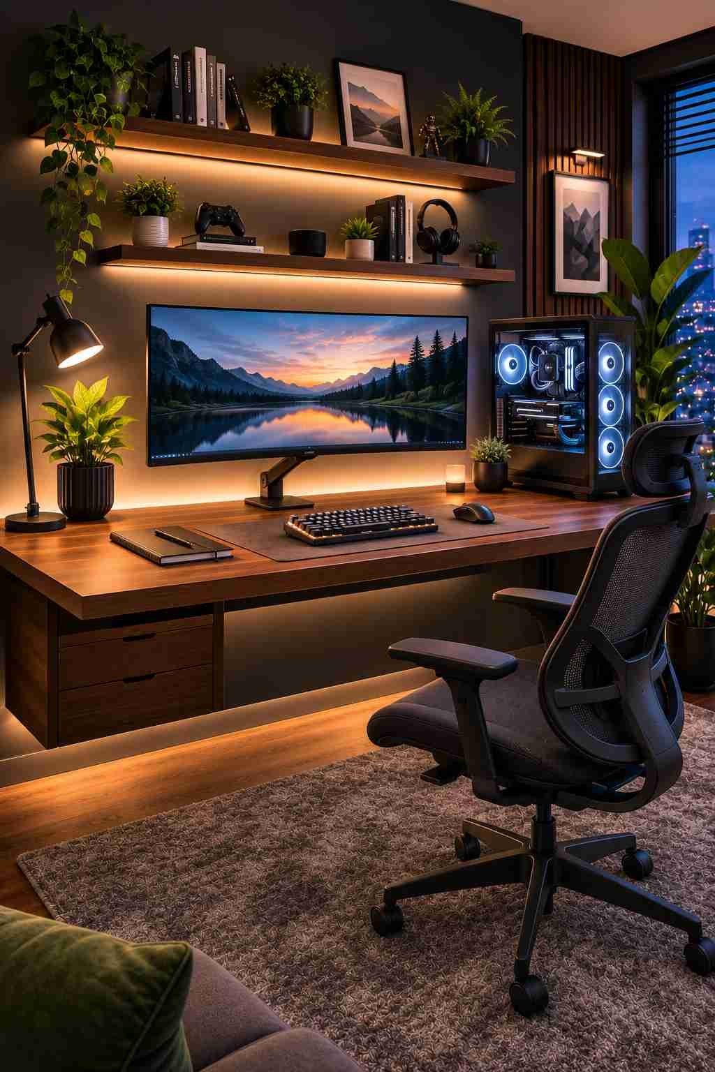 A tidy gaming desk with no visible cables, creating a clean, clutter-free setup that looks polished, organized, and easy to keep neat.