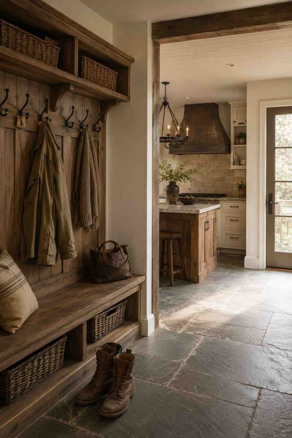 A highland kitchen flows seamlessly into a welcoming mudroom with a built-in wooden bench, black iron coat hooks, and a pair of worn leather boots on honed slate flooring. Soft daylight streams through a glass-paned door, highlighting the warm wood finishes, pale kitchen cabinetry, and practical rustic design.