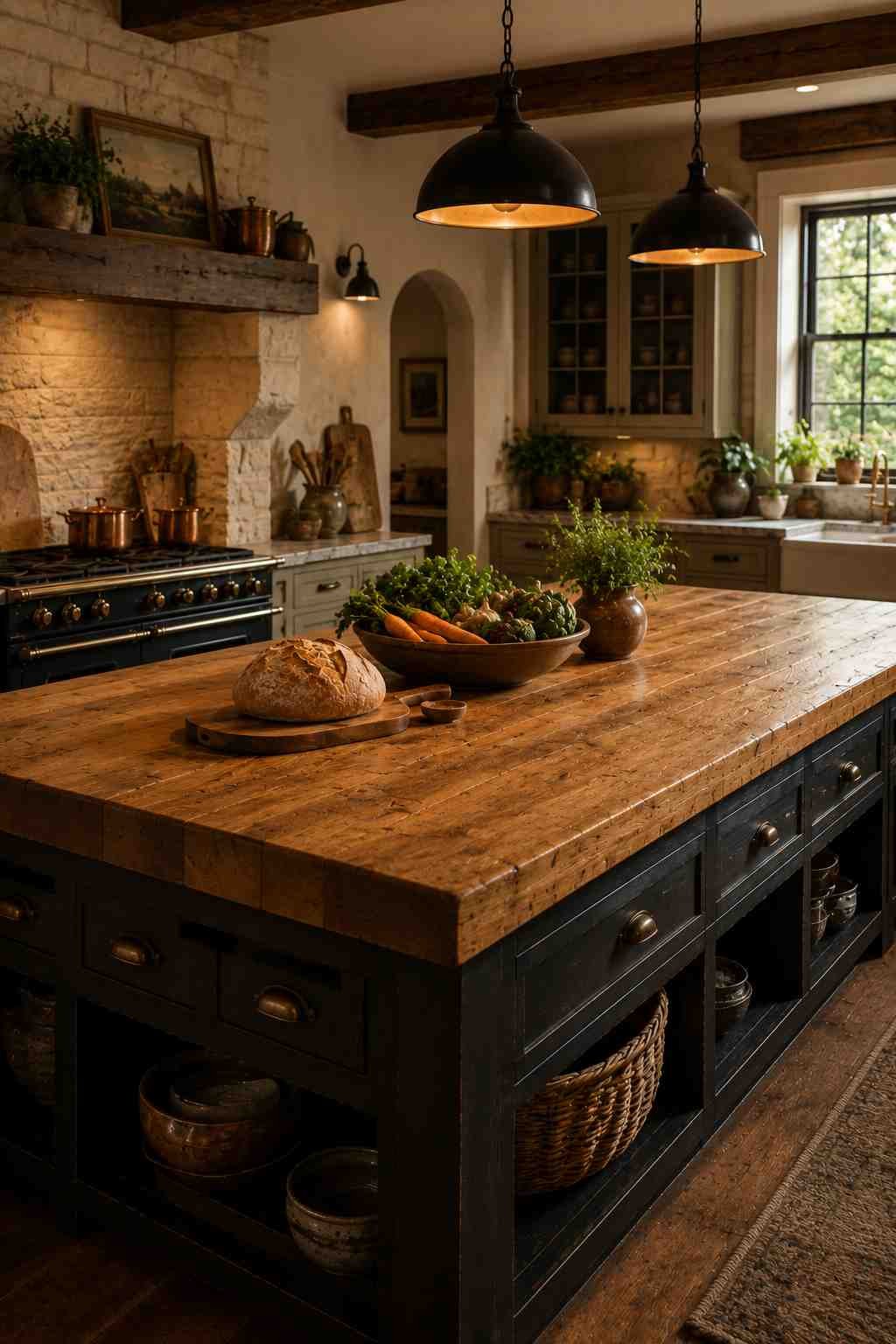 A spacious highland-style kitchen centers around a large butcher block island with a thick honey-toned wood countertop showing natural grain and gentle signs of everyday use. A crusty loaf of bread and fresh vegetables rest on the surface beneath warm pendant lights, while stone walls, pale cabinetry, and rustic details create a cozy, welcoming atmosphere.