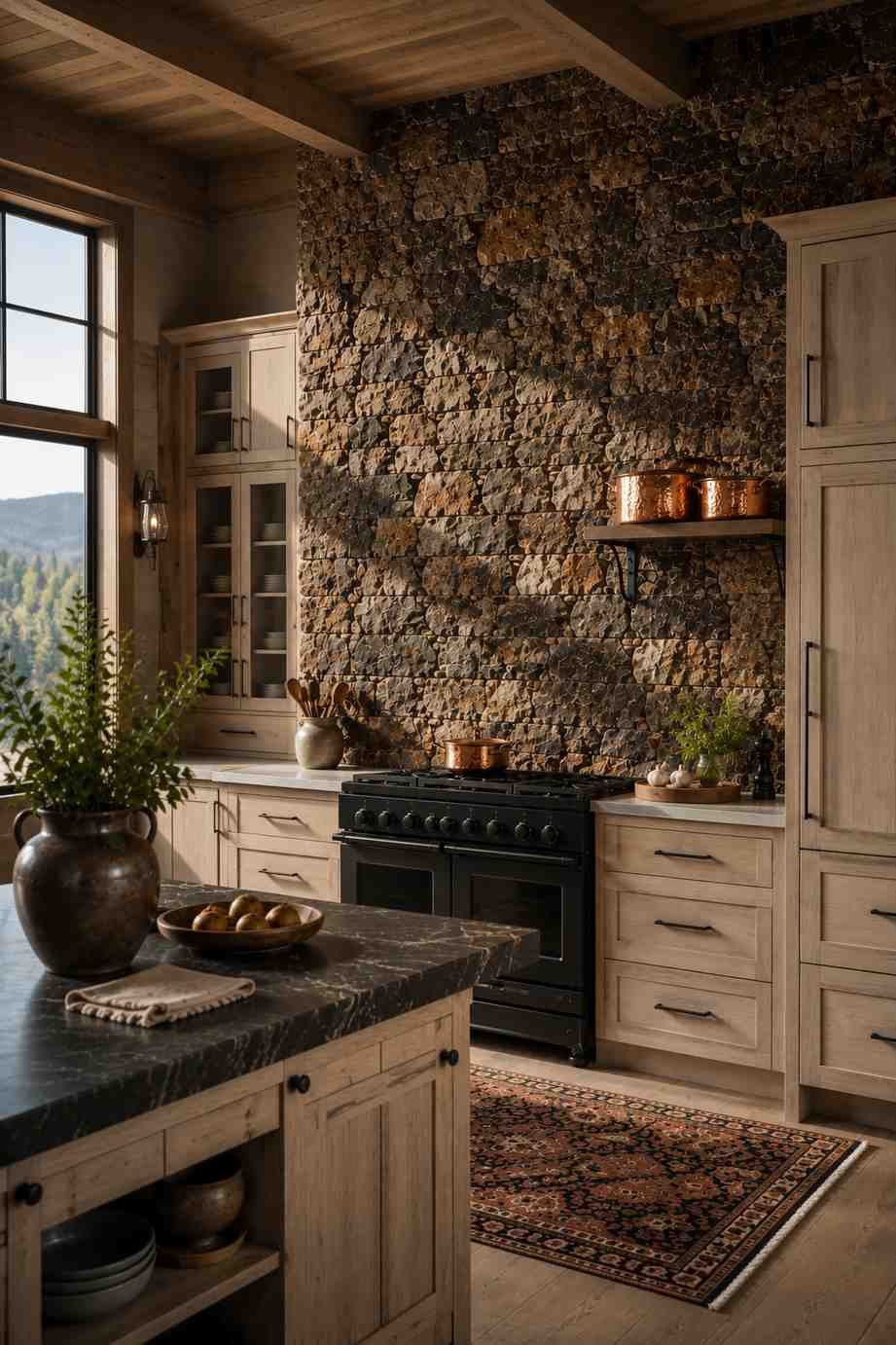 A warm highland-style kitchen featuring a floor-to-ceiling wall of rough-cut native fieldstone behind a matte black range. Soft late-morning sunlight highlights the stone texture, while whitewashed cabinets and hammered copper pots add a cozy, lived-in feel.