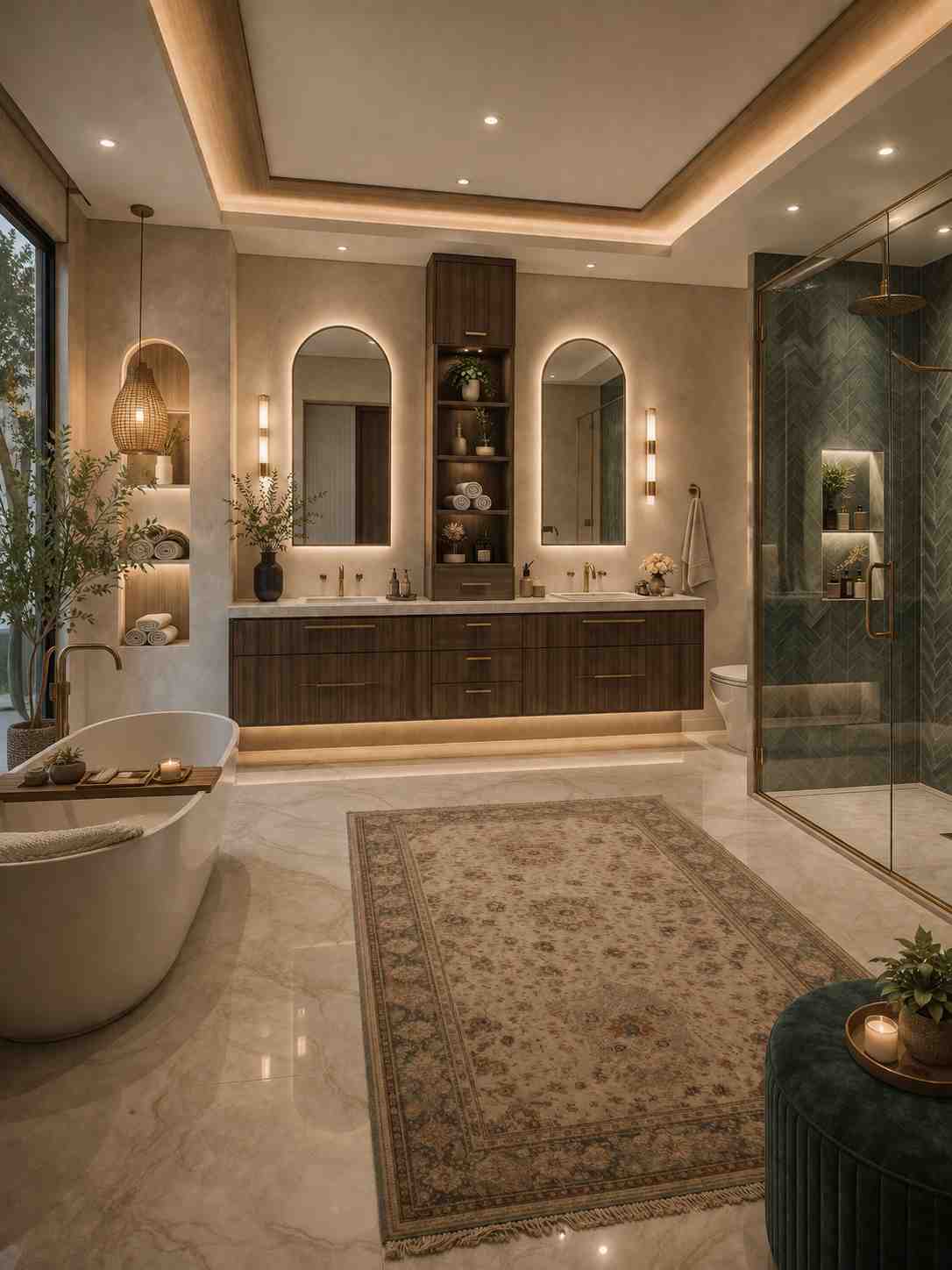 Spacious luxury bathroom featuring a floating dark wood double vanity with backlit arched mirrors, warm brass fixtures, illuminated open shelving, a freestanding bathtub, a glass walk-in shower with blue herringbone tiles, polished marble flooring, and elegant ambient lighting creating a sophisticated spa-like atmosphere. 