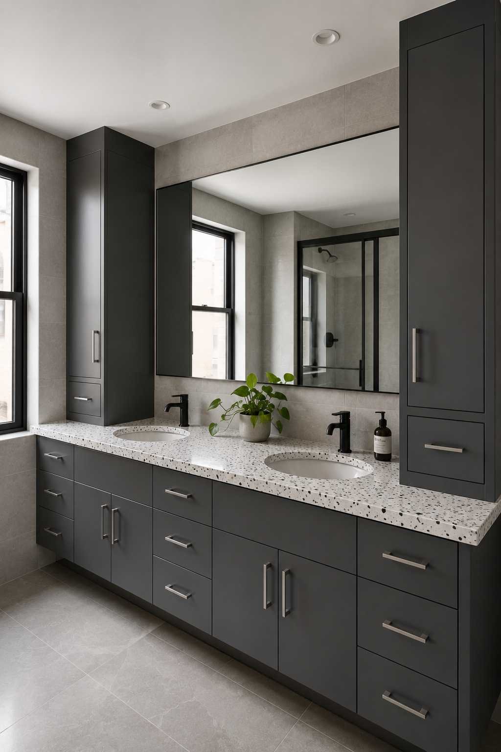 Modern dark gray double vanity with tall linen cabinets and terrazzo countertop