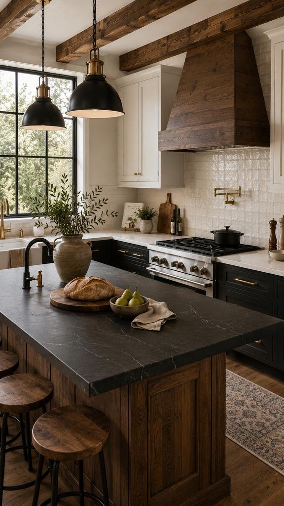 Bright farmhouse kitchen featuring a honed black soapstone island, matte white quartz countertops, reclaimed wood range hood, exposed ceiling beams, black cabinetry, brass fixtures, handcrafted décor, and warm natural sunlight.