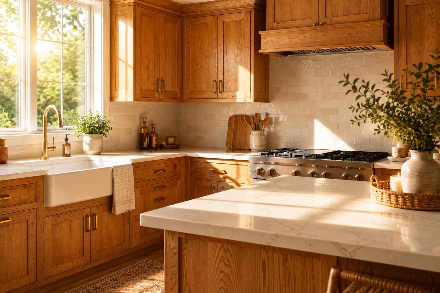 Modern farmhouse kitchen featuring honey oak wood cabinets with warm golden grain, warm white quartz countertops with subtle cream veining, brushed brass hardware, a farmhouse sink, and beautiful natural sunlight streaming through the window.