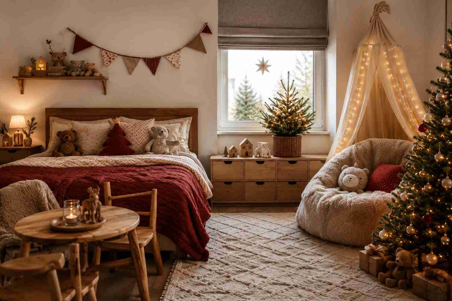 Cozy kids' bedroom decorated for Christmas with festive red bedding, a decorated Christmas tree, warm fairy lights, plush toys, a reading nook, and soft Scandinavian-inspired holiday décor. 